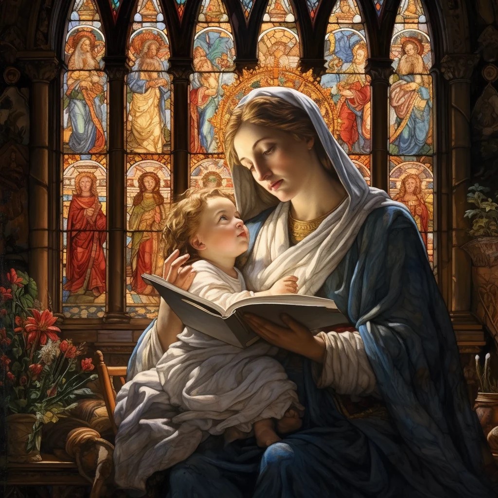 A painting of the Blessed Virgin Mary, Mother of the Church with the child Jesus, stained class window in the background